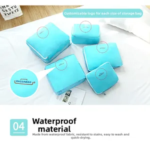 Detail of 5-piece blue waterproof travel luggage organizers on a white bedding surface