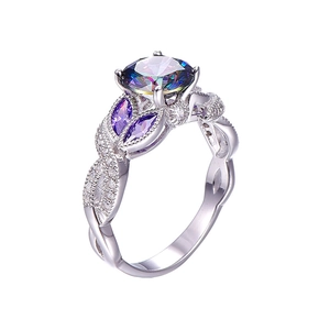 Rainbow topaz water drop ring with purple marquise stones in silver plating