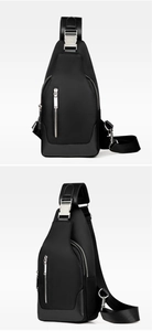 Detail of waterproof nylon chest bag with silver metal buckle and adjustable strap