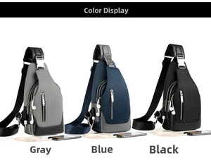 Waterproof chest bags in grey, blue, and black with USB charging and headphone ports