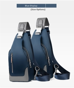 Men's blue oxford chest bag showing size comparison of large and small versions