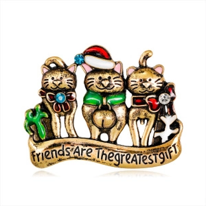 Detail of three cats enamel brooch with rhinestones and Friends Are The Greatest Gift text