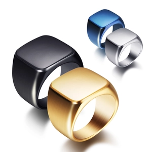 Minimalist square stainless steel signet rings for men in gold, black, blue and silver