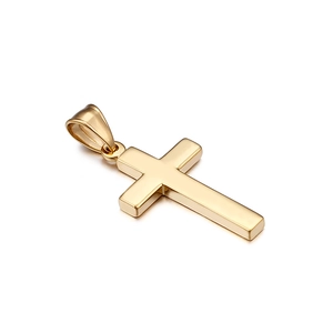 Minimalist polished golden stainless steel cross pendant shown from the front view