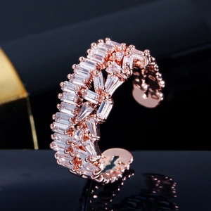 Elegant rose gold open ring for women featuring baguette-cut AAA cubic zirconia stones