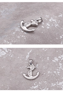 Detailed views of a silver nautical anchor pendant with rope wrap in polished steel