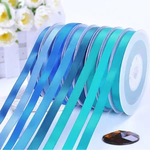 6mm gradient blue satin ribbon rolls for gift wrapping and floral bakery packaging
