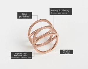 Macro detail of rose gold hollow bird nest ring featuring 15mm width and polished finish