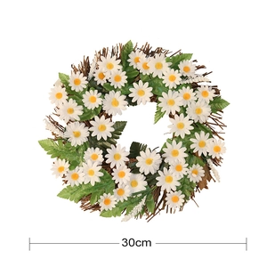 30cm artificial white daisy floral wreath with green leaves on dry branch base decor
