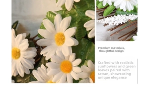 Macro detail of artificial daisy wreath with white petals and natural rattan base