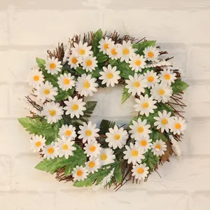 Artificial White Daisy Sunflower Wreath With Green Leaves Rustic Rattan Vine For Home Christmas Door Wall Decoration