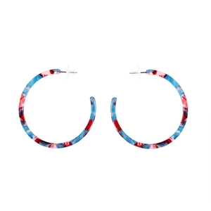 Colorful marble acrylic C-shape hoop earrings with blue red and white patterns