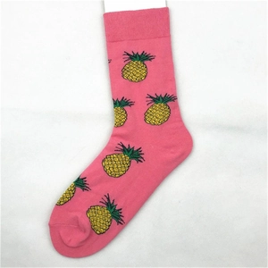 Vibrant pink mid-calf socks featuring yellow pineapple jacquard patterns for men and women