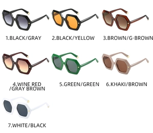 Multiple color options for hexagonal PC sunglasses with stylish metal rivet accents
