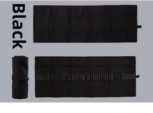 Detail view of black canvas pencil wrap showing open front, back, and rolled-up storage form