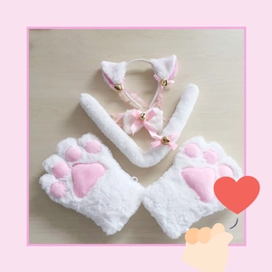 Pink and white cat paw cosplay set with plush ears, bell choker, and tail on wood background