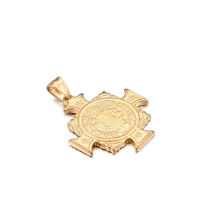 Gold stainless steel cross pendant featuring Saint Benedict medal and religious engraving
