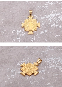Detailed front and side views of a gold Saint Benedict Medal cross pendant in titanium steel