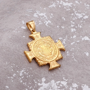 Fashionable gold stainless steel St. Benedict cross pendant for men with intricate engraving