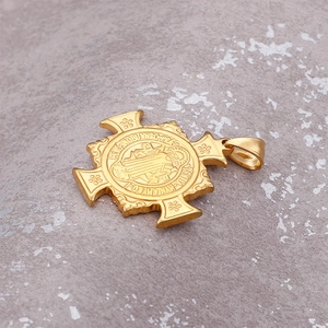 Men's gold titanium steel cross pendant with detailed religious embossed engraving