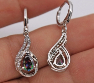Detail of pear-shaped rainbow topaz earrings with cz inlay and hook clasp