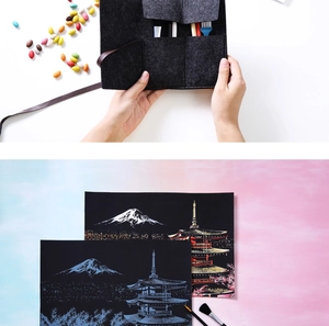 Felt tool storage bag with DIY city night scratch art kits and cleaning brush set