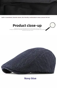 Detail of navy knit beret cap showing sweatband and textured waffle fabric weave