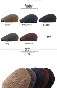 Detail view showing five colors of cable knit flat caps including khaki navy and wine red