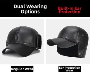 Detail of black leather baseball cap showing fold-down ear flaps and warm fleece lining