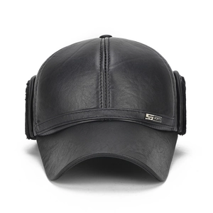 Mens winter leather baseball cap with ear flaps and warm faux fur lining in black color