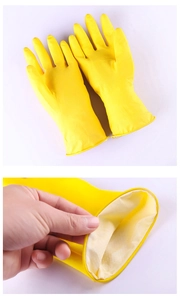 Close-up of yellow latex cleaning gloves featuring a soft flock lining for comfort