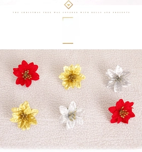 Close-up of 6cm artificial Christmas flowers in red, gold, and silver with glitter finish