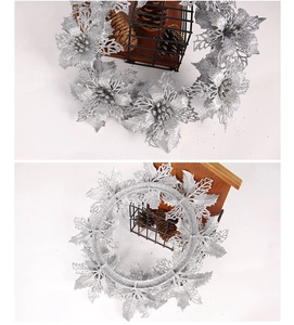 Detail of silver artificial poinsettia with glitter coating for Christmas tree decor