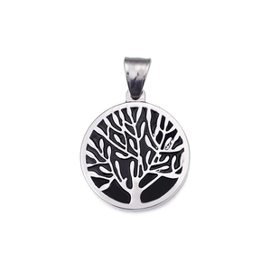Silver and black stainless steel round tree of life pendants with hollow cutout design