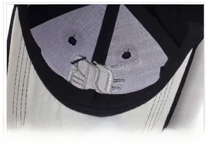 Detail of baseball cap interior showing cotton canvas material and white reinforced stitching