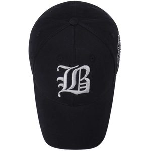 Black cotton baseball cap with white Gothic B embroidery and side tribal patterns