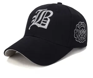 Close-up of black cotton baseball cap featuring 3D white gothic B embroidery details