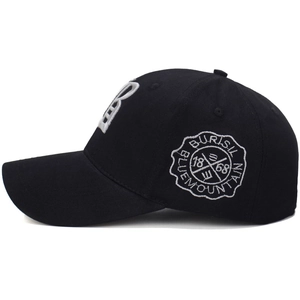 Black cotton baseball cap with 3D white B embroidery and circular mountain badge