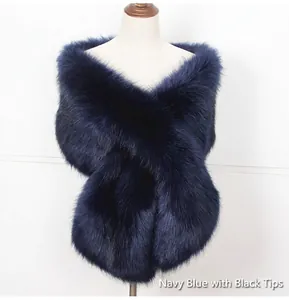 Navy blue faux fox fur shawl wrap for evening dresses featuring black-tipped fur texture
