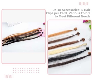 Detail of six mini hair claw clips with colorful synthetic extensions for kids
