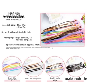Close-up of colorful 30cm synthetic hair extensions with braids and clips for kids