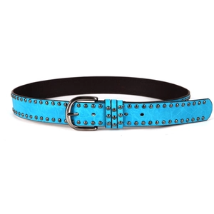 Blue punk style leather belt with double row grey round metal studs and D-ring buckle