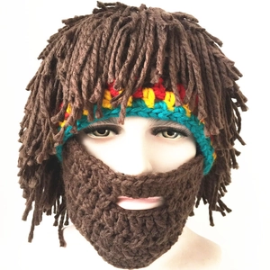 Creative handmade knit Rasta wig hat with brown yarn beard and colorful headband