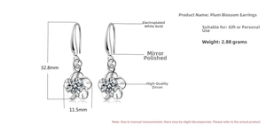 Detailed view of silver plated plum blossom earrings with cubic zirconia inlay dimensions
