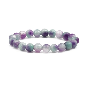 Detail of 10mm natural fluorite beaded bracelet with purple and green gemstone textures