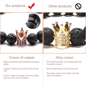 Detailed comparison of premium copper crown with black zircon vs alloy version on bracelet