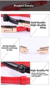 Close-up of golden alloy buckle and glossy patent leather texture on slim belts
