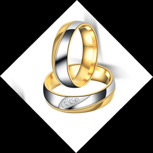 Two-tone titanium steel couple rings with minimalist diamond inlay on a white background