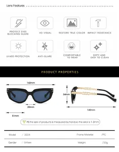 Detailed size chart for retro cat eye sunglasses featuring gold chain metal temples