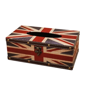 British flag pattern faux leather tissue box with vintage metal lock and rivets design